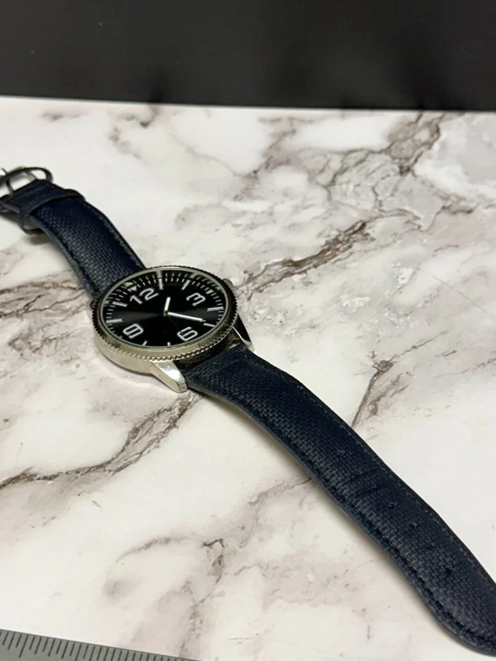 3/$30 Accutime Watch Men Silver Tone Blue Faux Leather Band 40MM Round